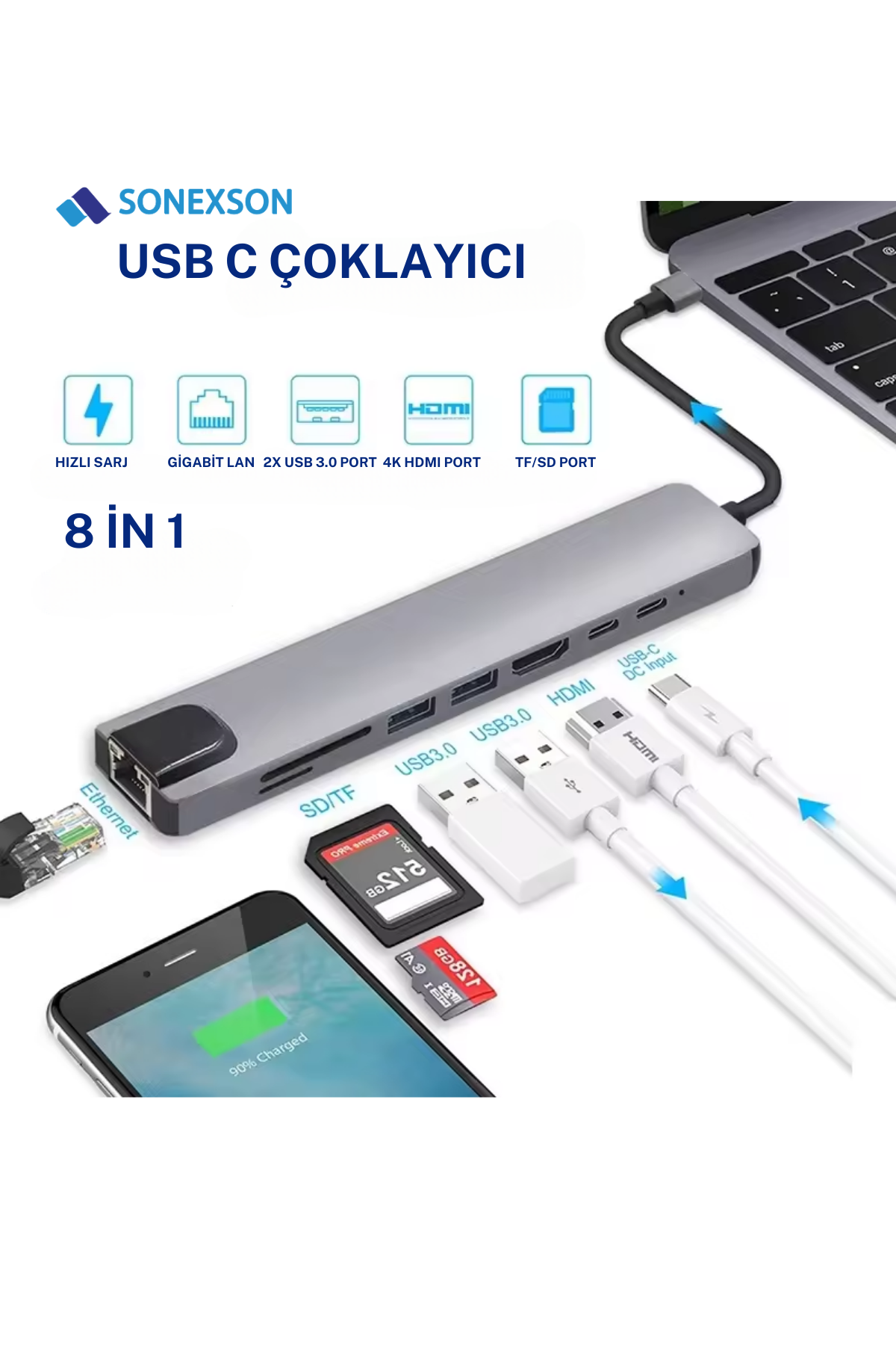 Usb Type-c Hub Dönüştürücü Çevirici Çoklayıcı Usb Hdmı Micro Sd 8 Girişli
