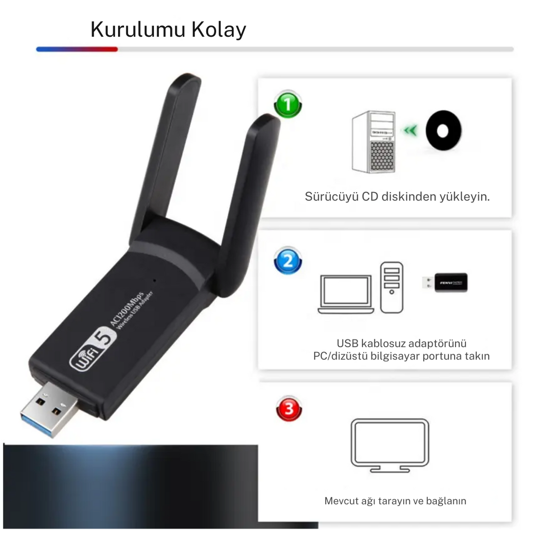 AC1300 Mbps USB 3.0 Kablosuz Wi-Fi Adaptör Çift Bantlı Bağlantı